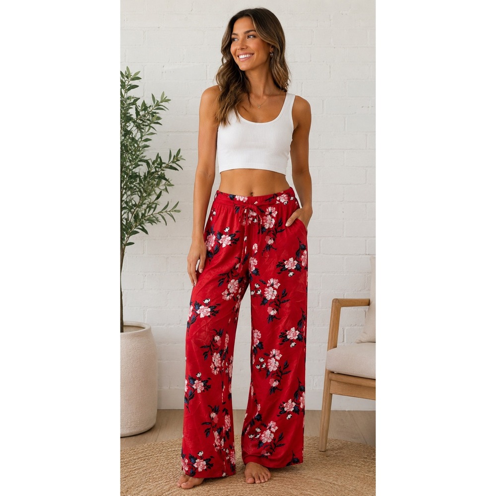 Dizzy Gal Red Floral Wide Leg Pants High Waist Rayon‎ Tassel Drawstring Large